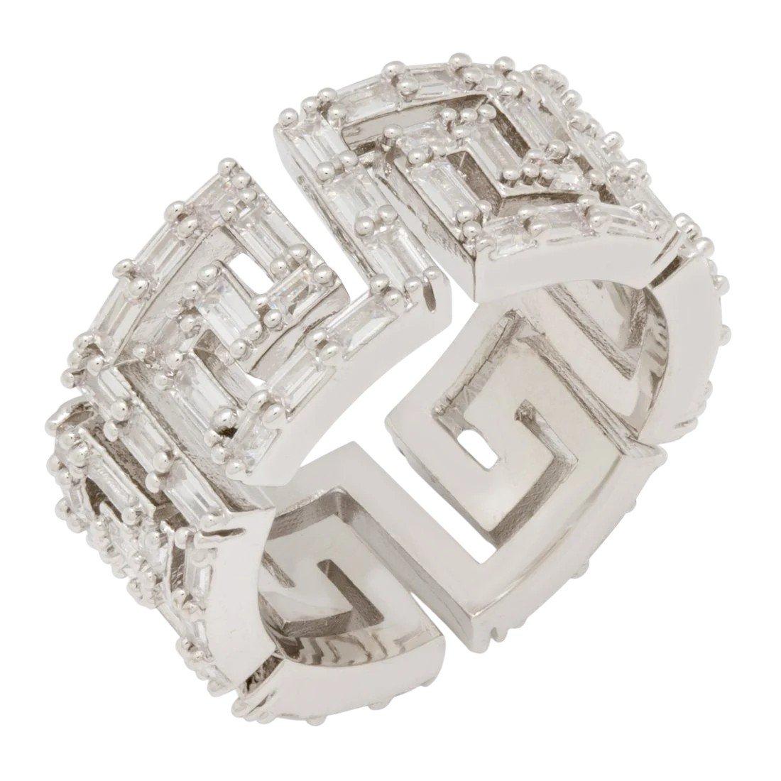 King Ice Iced Greek Key Ring - White Gold - WHITE GOLD